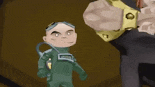 a cartoon character wearing a green suit and goggles is standing next to a man wearing a yellow wristband .