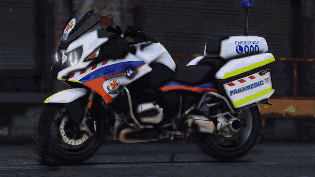 a red white and blue motorcycle with a bmw logo on it