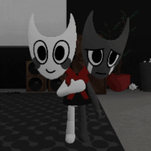 two cartoon characters are standing next to each other in a living room