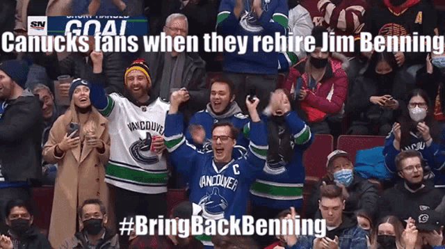 a crowd of people watching a hockey game with the words " canucks fans when they rehire jim benning "