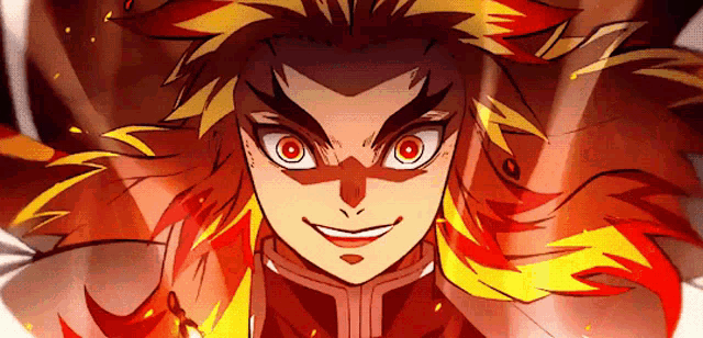 a close up of a cartoon character 's face with fire coming out of his hair