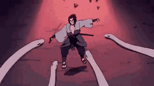 a cartoon of a man holding a sword surrounded by snake 's .