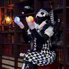 a person in a black and white checkered costume is juggling balls in front of a bookshelf