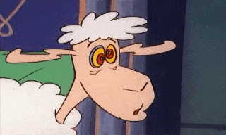 a cartoon sheep with a hypnotic look on its face is jumping out of bed .