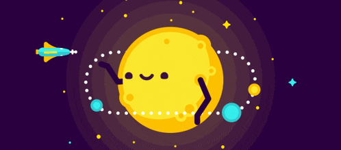 a cartoon illustration of a yellow planet with a rocket going around it