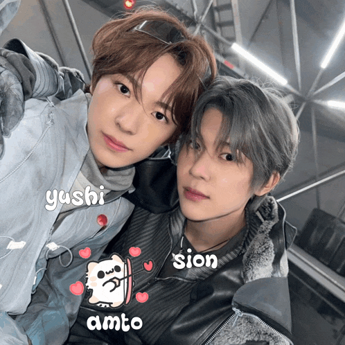 two young men posing for a picture with the names yushi and sion on the bottom