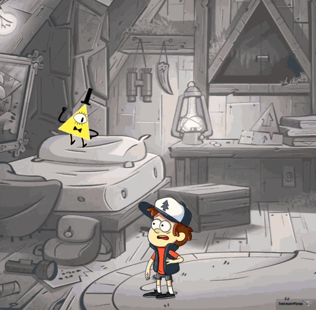 a cartoon of bill cipher and dipper from gravity falls standing in an attic