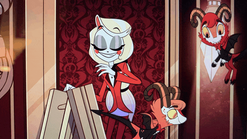 a cartoon character with horns is standing next to a woman