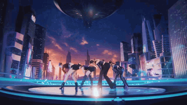 a group of people are dancing on a stage in front of a city