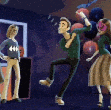 a group of cartoon characters are dancing in a room .
