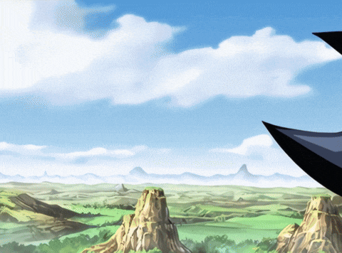 a cartoon landscape with mountains and trees and a blue sky