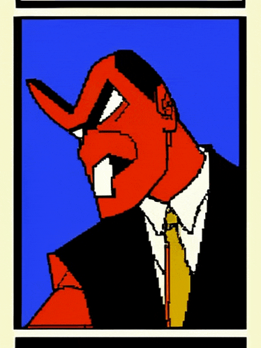a cartoon drawing of a man in a suit and tie with horns