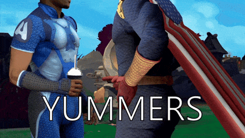 a poster for yummers shows two superheros