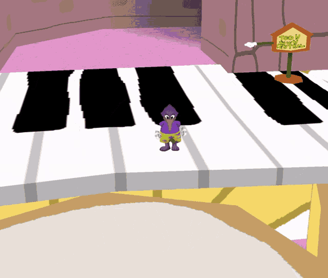 a cartoon character is standing on a piano keyboard with a sign that says too many buttons