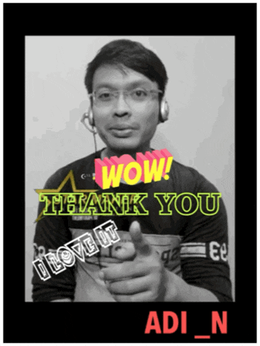 a black and white photo of a man with headphones says wow thank you