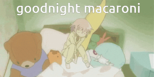 a cartoon of a girl sitting on a pillow with the words " goodnight macaroni " above her