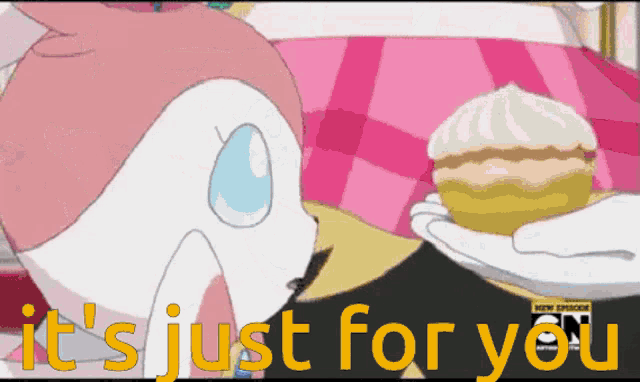 a cartoon character is holding a cupcake with the words it 's just for you above it