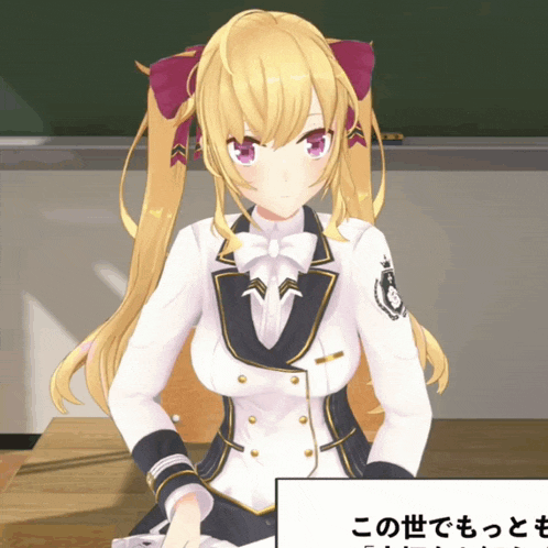 a girl with blonde hair is sitting at a desk in front of a sign that says " この 世 で もっとも "