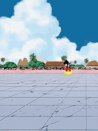 a cartoon of a person flying through the air with a blue sky in the background