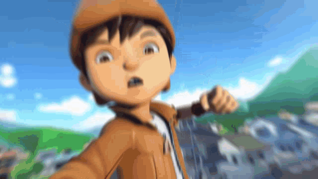 a close up of a cartoon character wearing a brown hat and a brown jacket