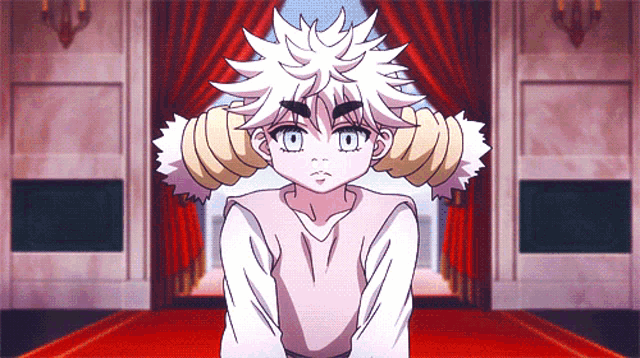 a cartoon drawing of a child with white hair and blue eyes