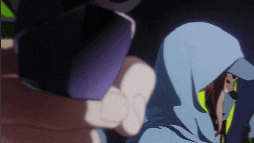 a person wearing a blue hoodie and a hat is holding a purple object