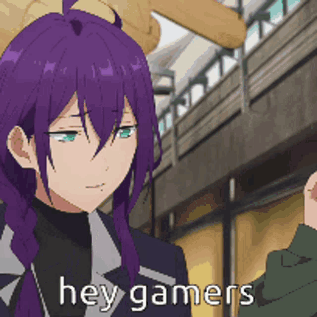 a girl with purple hair and green eyes is talking to another girl with the words hey gamers below her
