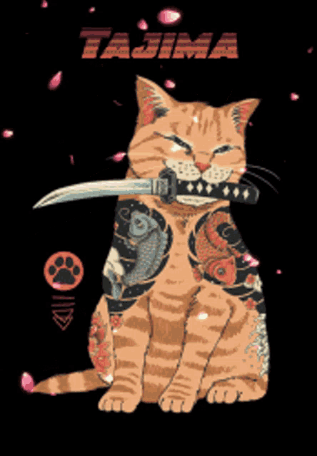 a cat with a samurai sword in its mouth and the word tajima above it