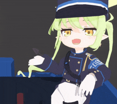 a girl with green hair is wearing a blue and white uniform