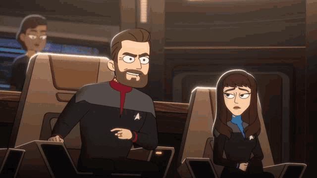 a cartoon of a man and a woman with the man pointing