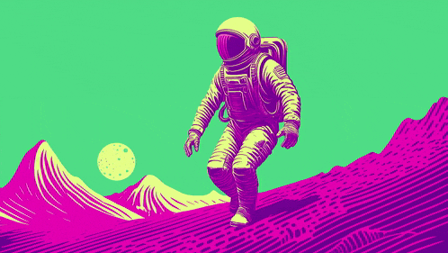 a colorful illustration of an astronaut standing in front of a mountain range