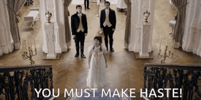 a woman in a white dress stands in a room with the words " you must make haste " below her