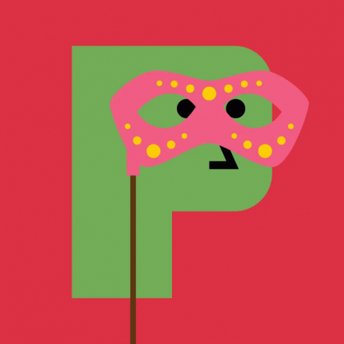 a green letter p with a pink carnival mask on a stick