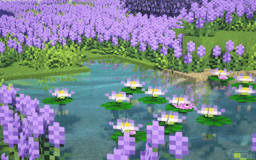 a computer generated image of a pond with purple flowers