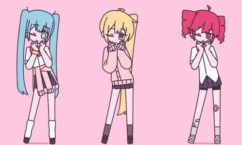 three anime girls are standing next to each other on a pink backdrop