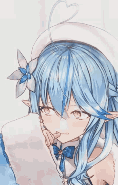 a drawing of a girl with blue hair and a hat
