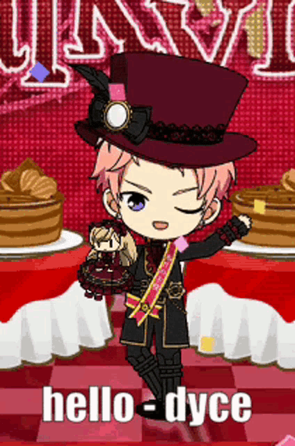 a cartoon character wearing a top hat and holding a doll with the words hello-dyce above him