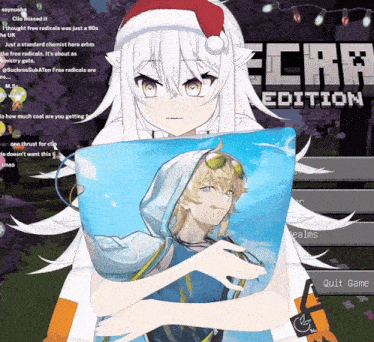 a girl in a santa hat is holding a pillow in front of a screen that says ecarp edition