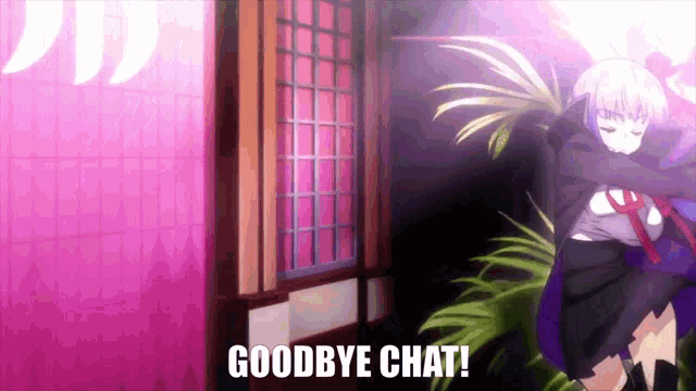 a girl in a cape is standing in front of a window and says goodbye chat