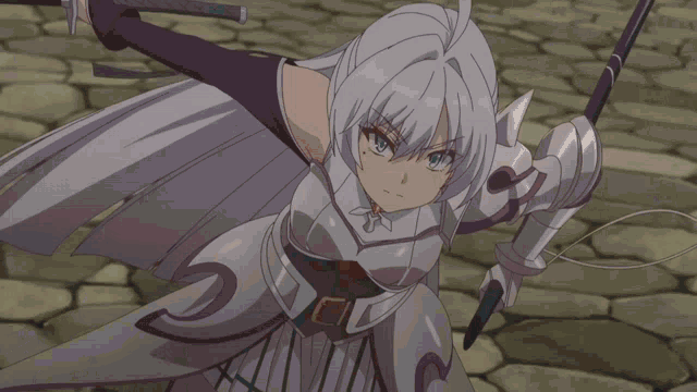 a man and a girl are fighting with a sword and the girl has the number 5 on her skirt