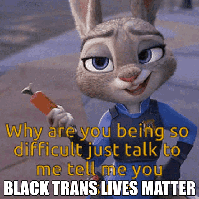 judy hopps from zootopia is holding a carrot and saying why are you being so difficult just talk to me