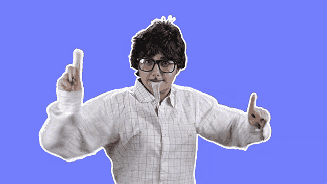 a person wearing glasses and a plaid shirt is making a funny face