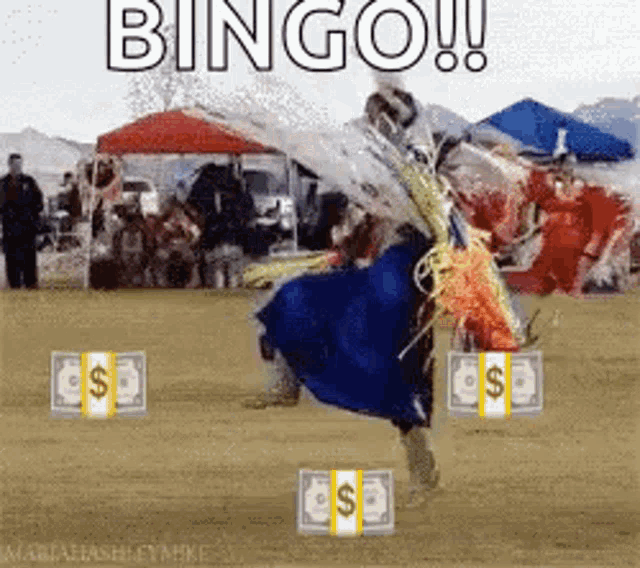 a man in a blue dress is dancing in a field with bingo written on the top