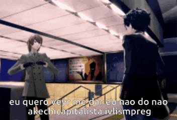 two anime characters are standing next to each other and one of them says eu quero veyr