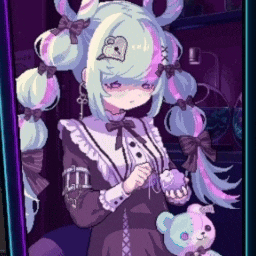 a pixel art drawing of a girl with pigtails and a teddy bear