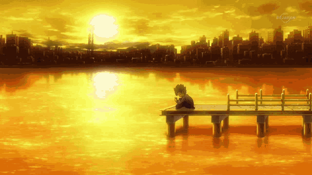 a man sits on a dock watching the sun set over a body of water that says bs japan