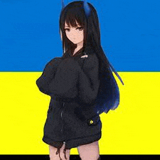 a girl with horns on her head is standing in front of a yellow and blue background .
