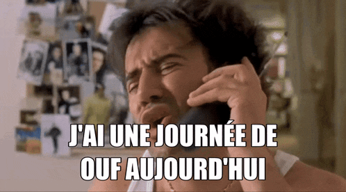 a man talking on a cell phone with the words " j'ai une journee de ouf aujourd'hui " written below him