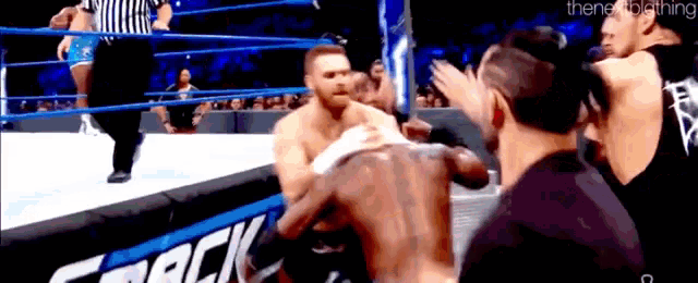 a group of wrestlers are fighting in a wrestling ring .