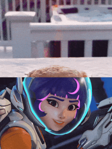 a girl with purple hair and a helmet on